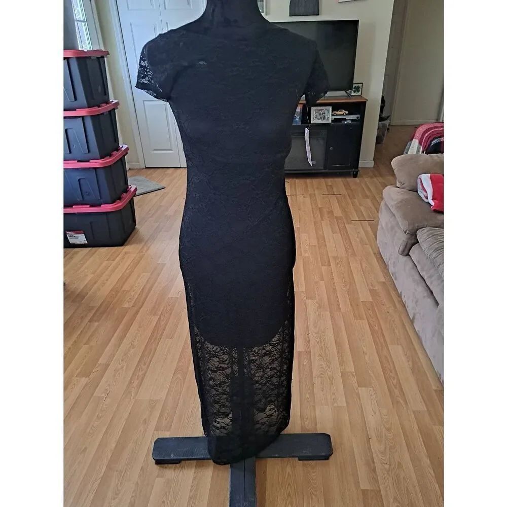 New XXS Wild Fable Black Lace Short Sleeve Round Neck Maxi Dress